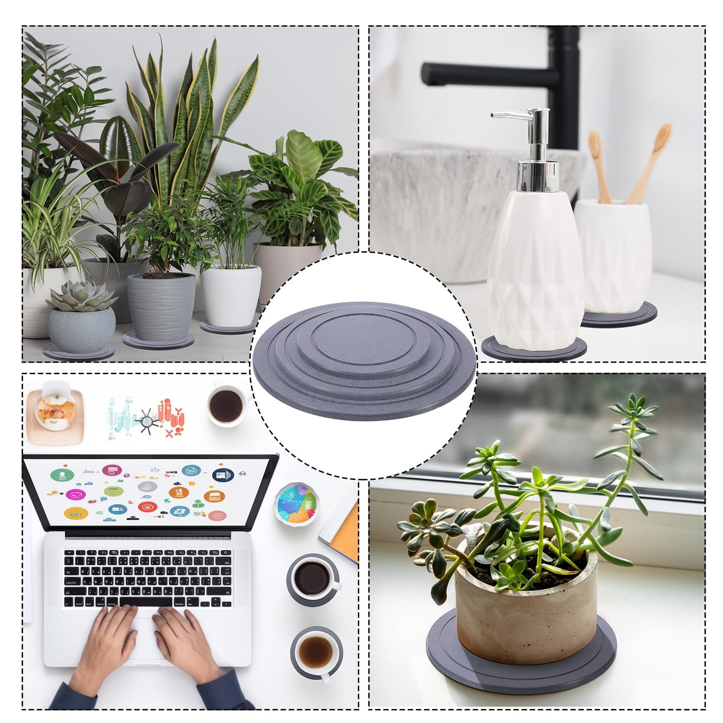 Drydiet 3 Pack Diatomaceous Earth Plant Saucer Set 6/8/10 Inch Quick Dry Absorbent Plants Tray Absorbing Plant Tray for Gardening Indoor Outdoor Plants (Charcoal Gray)