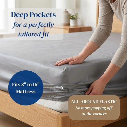 Beckham Hotel Collection King Size Sheet Set - 100% Cotton Sateen, Silky Smooth, 16” Deep Pocket | Gray, 4-Piece