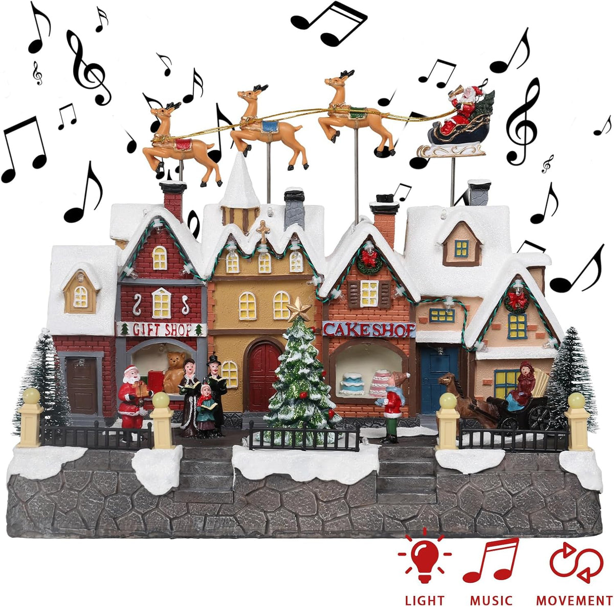 MUMTOP Christmas Village House - Light-Up Animated Town with Flying Reindeer & Santa Sleigh | Holiday Tabletop Decor