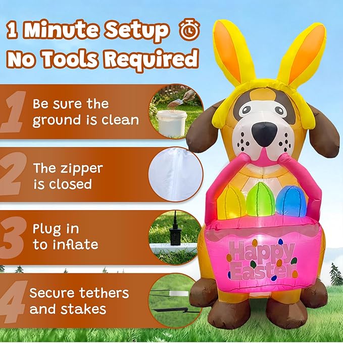 6 FT Easter Inflatables Dog Outdoor Decorations with Bunny Ears, Blow Up Easter Dog Holding Eggs Basket with Build-in LED Lights, Giant Spring Holiday Inflatable Yard Decor for Lawn Garden