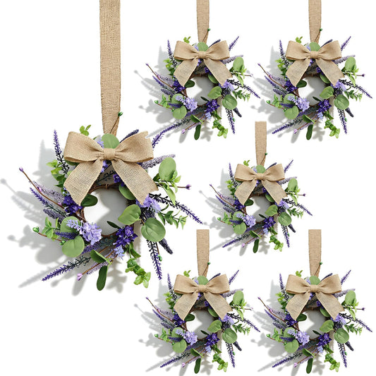 6 Pcs Small Lavender Hanging Wreaths for Cabinets with Violet Hydrangea Flowers and Eucalyptus Leaves Spring Summer Mini Candle Ring Wreath for Home Kitchen Front Door Window Porch Wall Wedding Decor