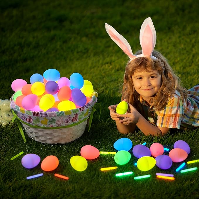 JOYIN 35 Pcs Easter Eggs with 35 Mini Glow Sticks for Kids Glow-In-The-Dark Basket Stuffers Fillers Gift, Easter Egg Hunt Game Party Favors Decorations Supplies, Classroom Prizes