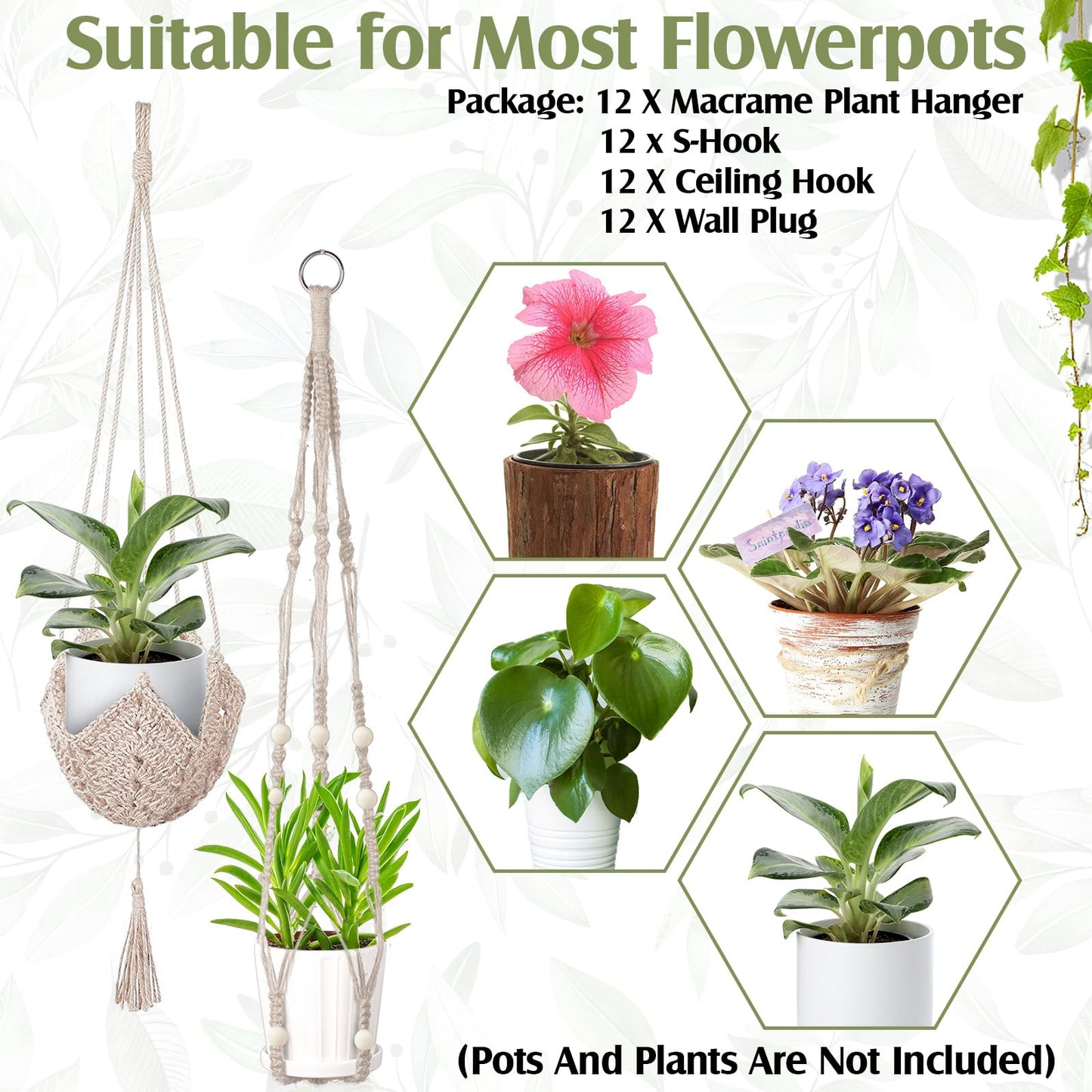 Hoteam 12 Pcs Macrame Plant Hangers Macrame Hanging Planters for Indoor Plants Handmade Boho Hanging Baskets Flower Pots Holder for Outdoor Home Wall Decor(White)
