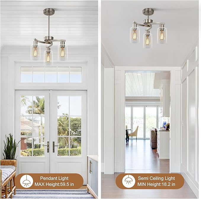 3 Light Brushed Nickel Modern Pendant Light, 16.5" Kitchen Island Lighting with Clear Glass Shade, Adjustable Dining Room Chandelier Over Table, Farmhouse Industrial Hanging Fixture