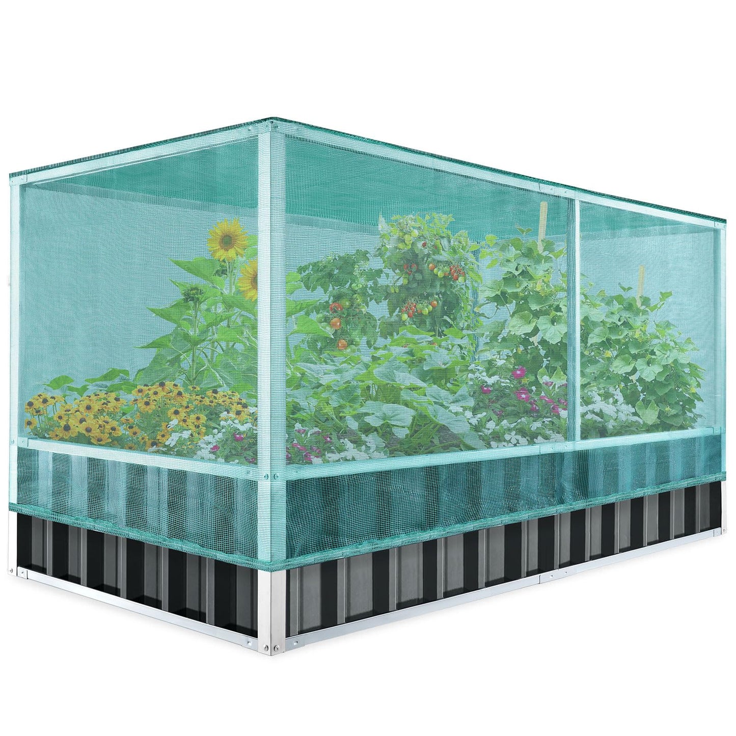 KING BIRD 68" x 36" x 34.6" Raised Garden Bed with Garden Anti-Bird Protection Netting Structure Galvanized Steel Metal Planter Kit Box with 2 Pairs of Gloves Dark Grey
