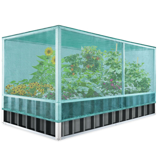 KING BIRD 68" x 36" x 34.6" Raised Garden Bed with Garden Anti-Bird Protection Netting Structure Galvanized Steel Metal Planter Kit Box with 2 Pairs of Gloves Dark Grey