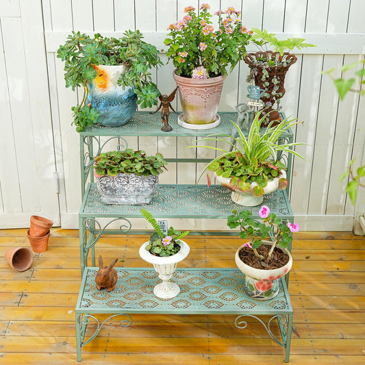 Sungmor Metal Plant Stand - 3 Tier Foldable Ladder Planters Display Shelf - Multiple Plants Flower Pots Vases Storage Organizer - Indoor Outdoor Multi Tiered Plant Rack for Garden Balcony Yard