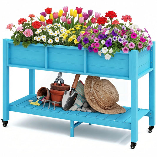 DWVO 47x18x31in Raised Garden Bed HDPE, Weather-Resistant Poly Wood Planter Box Stand, Planter Box with Legs, Storage Shelf & Lockable Wheels, Elevated Garden Bed for Backyard Patio - Aruba Blue