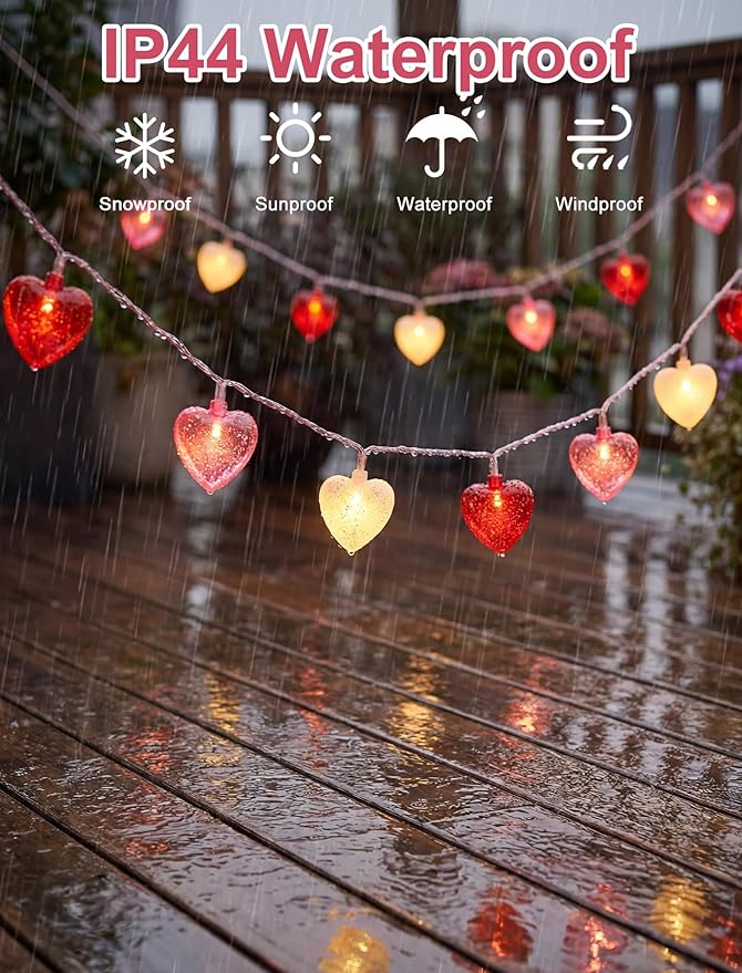 12Ft Red Pink White Heart String Lights, 20 LED 3D Glitter Hearts Plug in Fairy Lights, Connectable Waterproof Valentine's Day Decorations for Bedroom, Window, Wedding, Anniversary, Indoor Outdoor