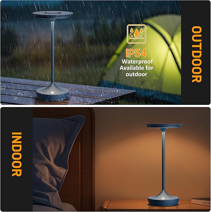 LED Cordless Table Lamps Rechargeable - Outdoor 6000mAh Battery Operated Portable Tables Light 3 Color Stepless Dimming Lamp with Memory Function for Patio Restaurant Dining Blue