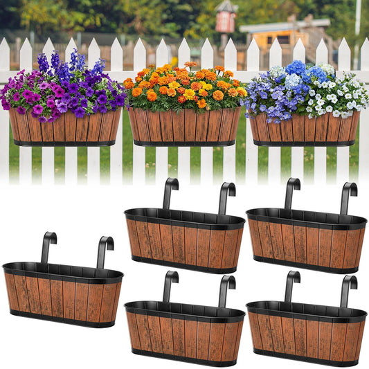 Ferrochef 5 Pcs 16 Inch Metal Hanging Flower Pots for Railing Fence Balcony Railing Planters Countryside Style Window Flower Plant Holder with Detachable Hooks for Garden Yard Fence Home Decor