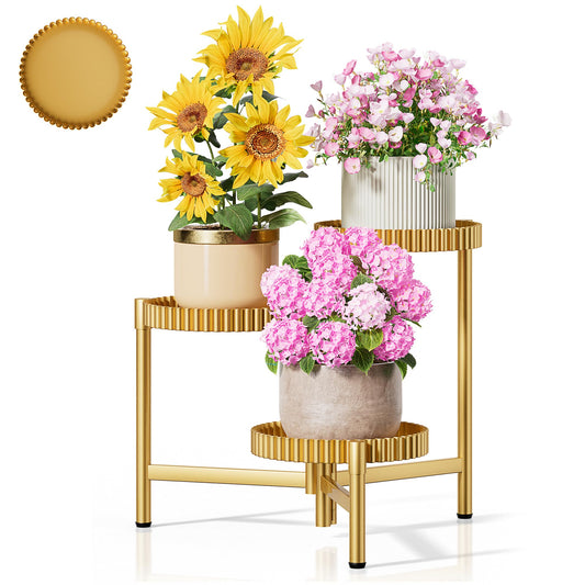 NQW Stand Plants, 3 Tier Metal Corner Plant Stands for Outdoor Indoor, Heavy Duty Flower Pot Stands for Multiple Plants, Decoration Floding Tall Display Racks for Patio Garden -GoldFloroma