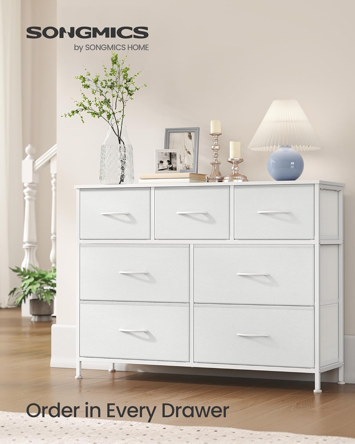 SONGMICS Dresser - Stylish Chest of Drawers with 7 Non-Woven Fabric Bins | Cloud White & Snow White