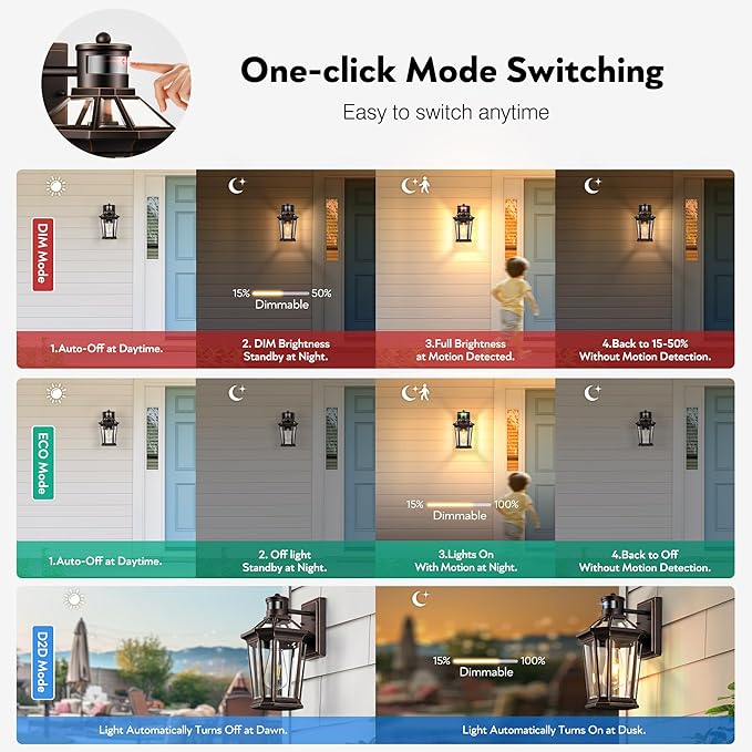 VIANIS Outdoor Motion Sensor Porch Light, Anti-rust 2-Pack Exterior Lighting Fixtures, Farmhouse Oil Rubbed Bronze Gold Trim Exterior Light,Waterproof Dusk to Dawn Outdoor Lighting with Tempered Glass