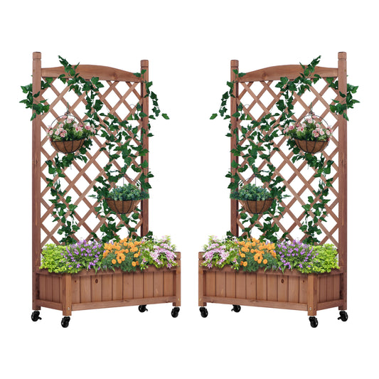 Wood-Natrl Raised Garden Bed with Trellies 2 Pack, Outdoor Wooden Planter Box & Plant Stand with Climbing Racks