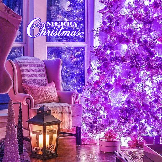 JMEXSUSS Connectable 100 LED Purple Christmas Lights Indoor, 8 Modes Plug in Purple String Lights Clear Wire, 33ft Christmas Tree Light Outdoor for Xmas Tree, Garden, Bedroom
