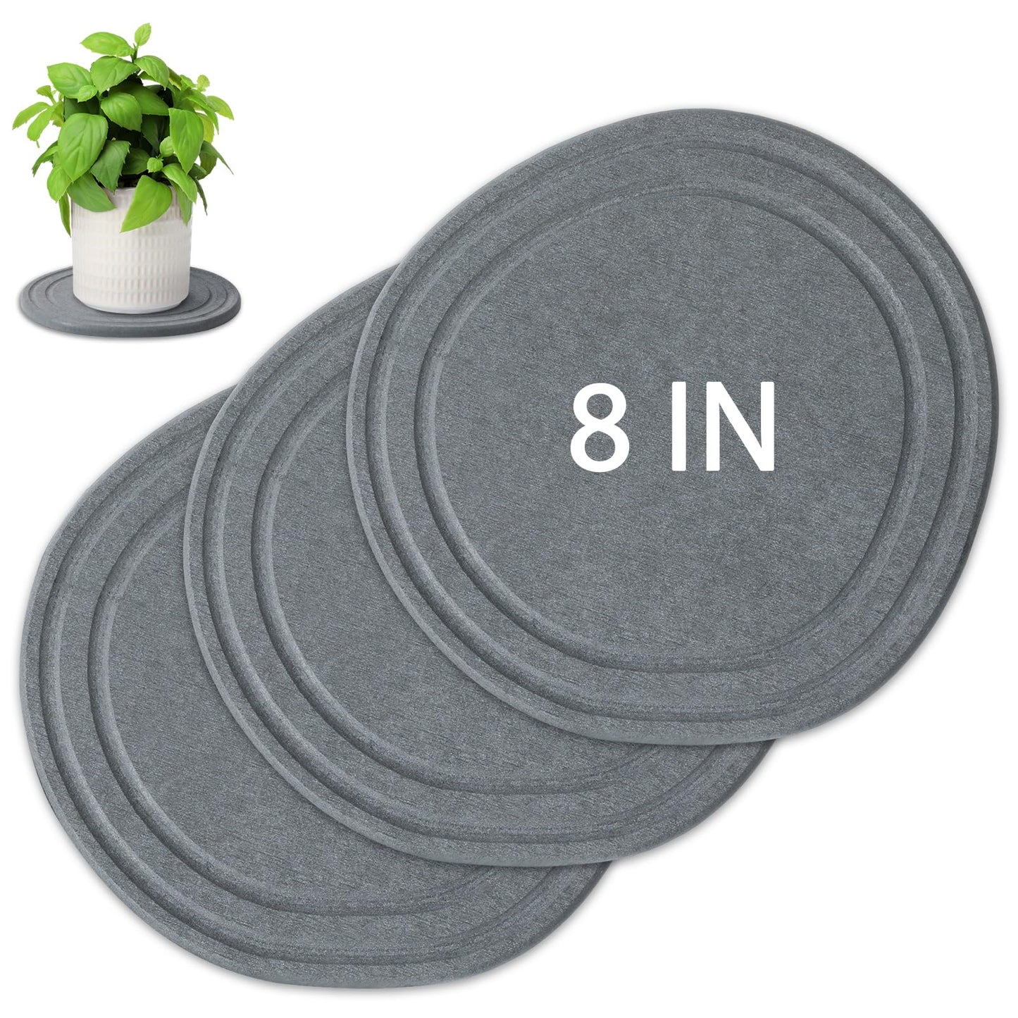 Plant Saucers for Indoors, 3 Pack 8" Quick Dry Diatomite Plant Drip Water Catcher Trays for Pots, Diatomaceous Earth Planter Drainage Saucers Plates to Catch Water for Flower and Plants, Stone Gray
