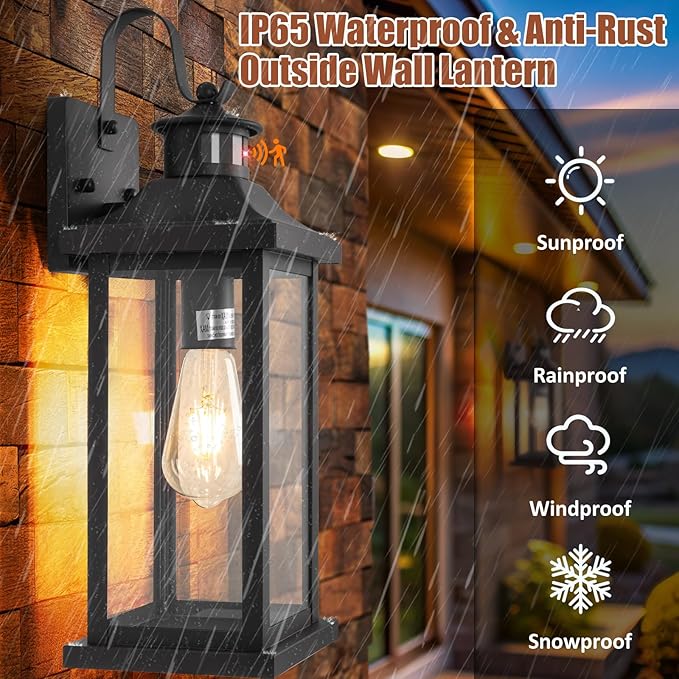 1-Pack 18 Inch Motion Sensor Front Porch Light IP65 Waterproof, Large Black Dusk to Dawn Outdoor Wall Lighting for House Exterior Light Fixture Clear Glass Garage Coach Light, E26 Bulb Base