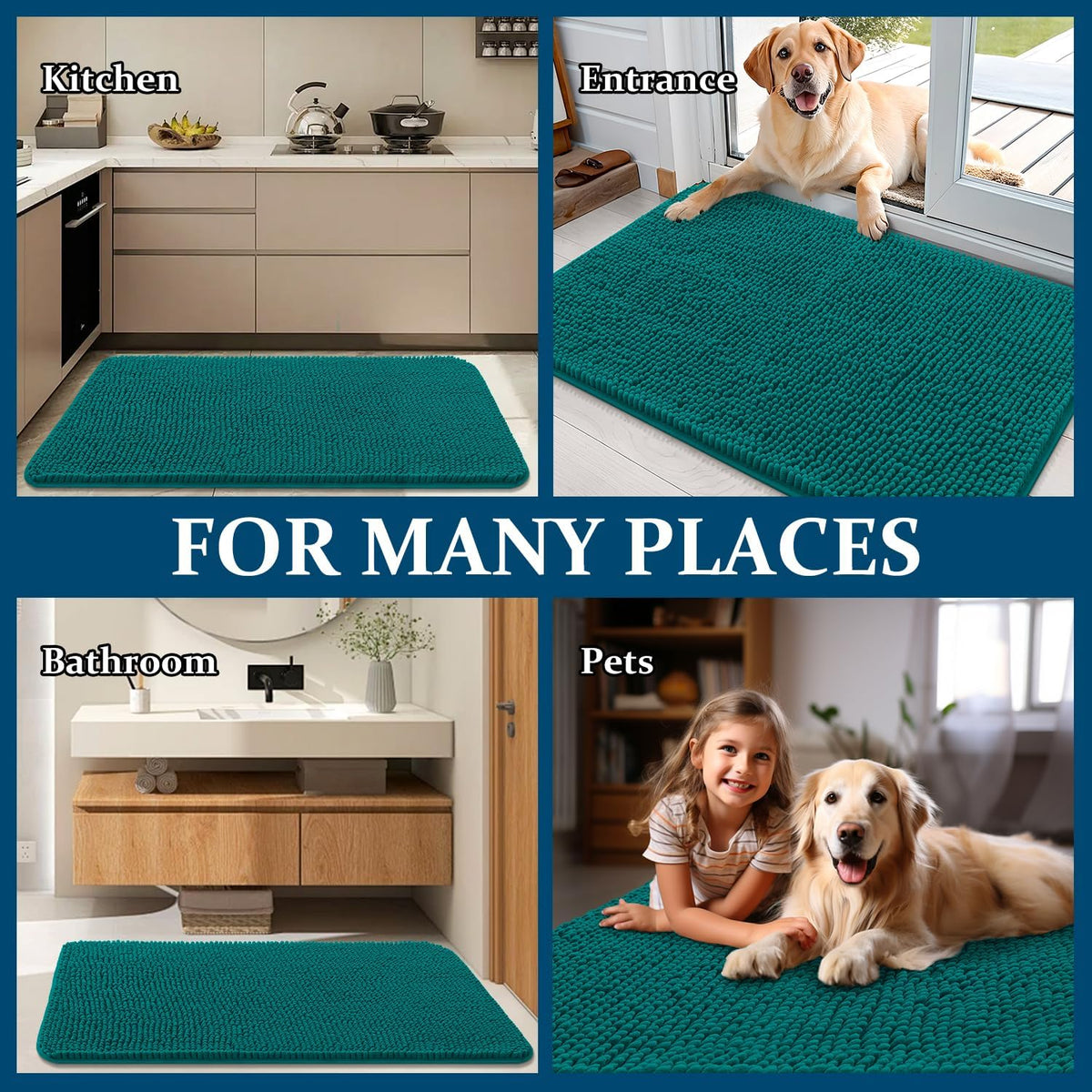 OLANLY Dog Door Mat - Absorbent Non-Slip Washable Chenille Mat for Muddy Paws | 47x20, Lake Blue