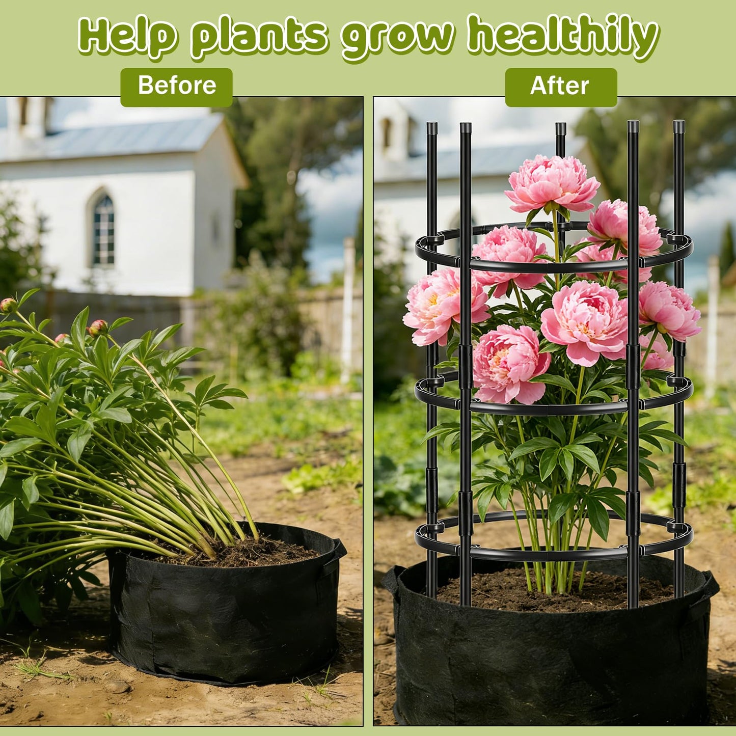 ComfyKit 19.5" D x 39" H Peony Plant Support Cage, 3 Tier Stackable Plant Support Ring, Metal Core with PVC Coated Stakes, Garden Plant Support for Peonies Tomatoes and Climbing Plants