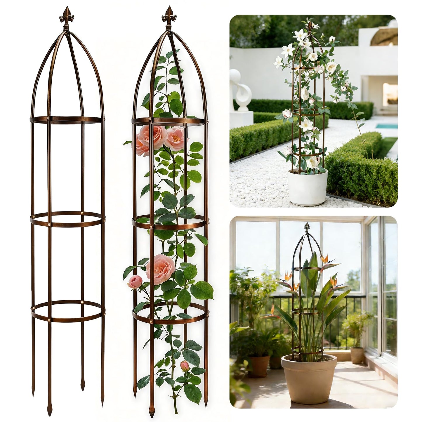 6.3Ft 100% Metal Garden Obelisk Trellis for Climbing Plants Outdoor, Rose Trellis for Potted Plants, Sturdy Garden Trellis for Climbing Vines, Vegetables, Flowers Stands, 1 Pack