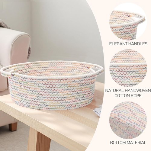 JMvicyroam Woven Basket - Small Rope Storage Bin with Handles | Colorful Organizer for Shelves & Closets