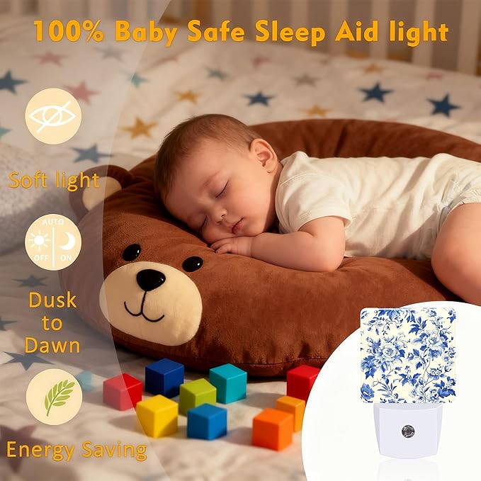 Vintage Blue Flowers Night Light for Kids, Dusk-to-Dawn Auto Sensor Plug in Night Light, 0.5W Energy Saving Non-Toxic Design for Bedroom/Bathroom, Ideal Gifts for Women, Men & Kids
