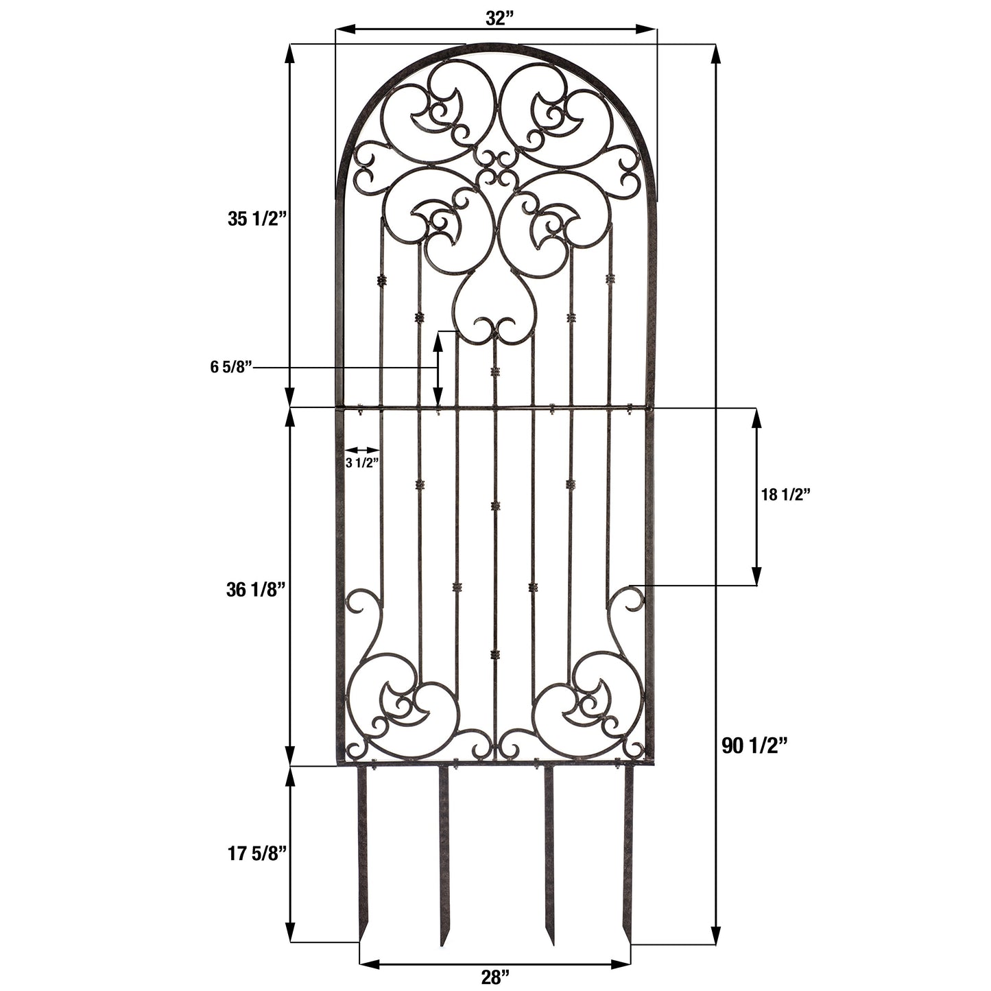 H Potter 72” Heavy Duty Garden Trellis – 60 lb Solid Iron Scrollwork Panel, 1” Metal Frame with Ground & Stabilizing Stakes (Charcoal Brown)