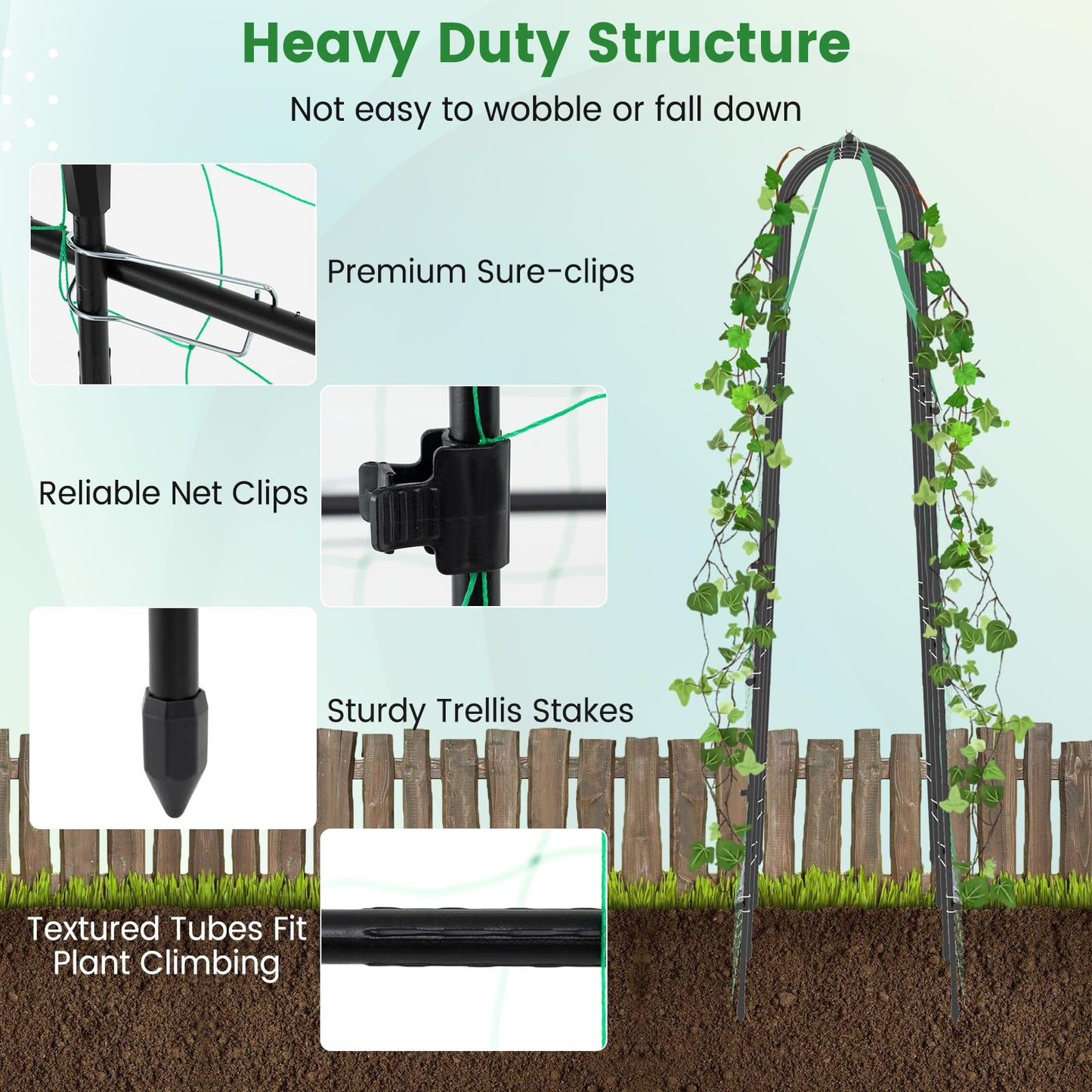 CHEFJOY 71” x 71” Trellis for Climbing Plants Outdoor, U-Shaped Metal Garden Arched Trellis with Netting, Sure-Clips & Ground Stakes, Cucumber Trellis for Vegetable Fruit Flower Vine