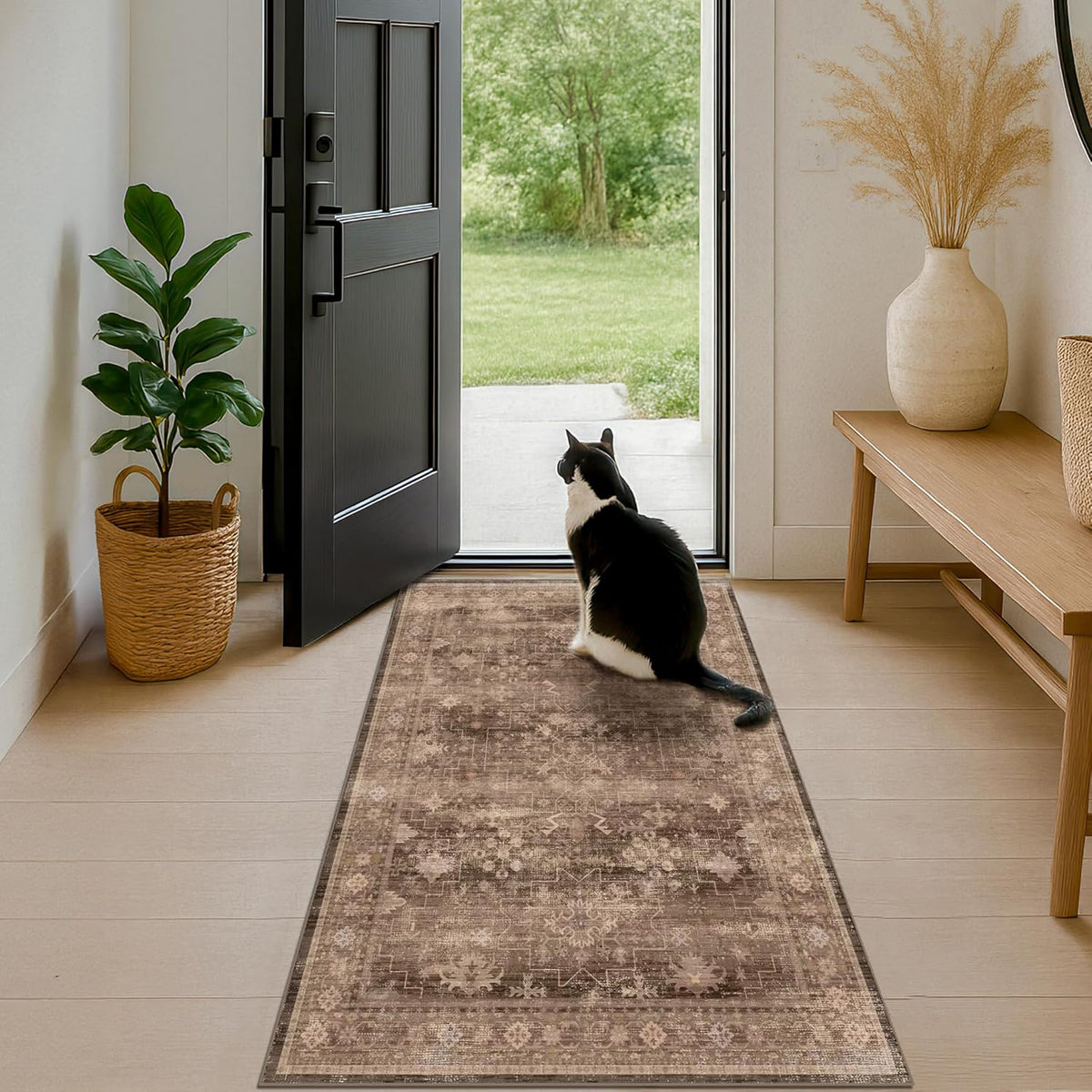 Regine Switzerland Brown 2x5 Entryway Runner Rug - Non-Slip, Washable, Vintage Taupe Design