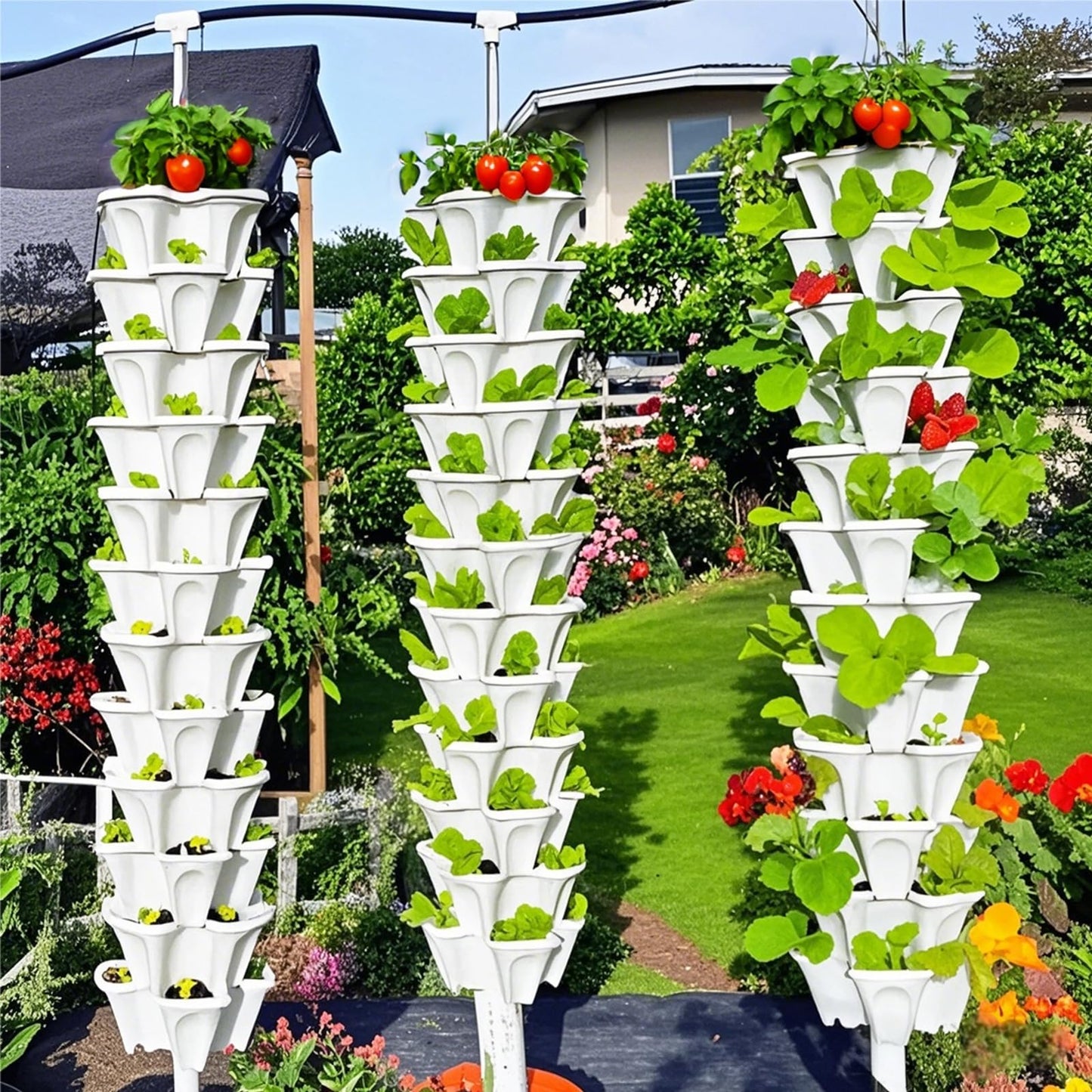 Lykvrii 7 Tiered Strawberry Planters 3 Pack, Vertical Stackable Planter, Herb Stacking Tower Garden, Flower and Vegetable Planters with Support Pole Indoor & Outdoor with Removable Wheels Dark Grey