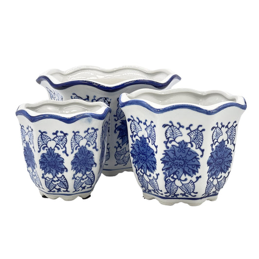 Galt International Blue & White Floral Porcelain Ceramic Decorative Flower Pot 8"/6"/4.5" Garden Pots Chinese Asian Design - Set of 3 Round Fluted