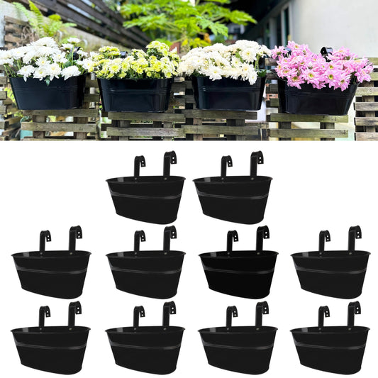 LaLaGreen Outdoor Plants Rail Planter (11.2 Inch, 10 Pack) Black Metal Iron Hanging Flower Pots Deck Railings Fence Buckets Modern Boho Style Wall Mount Window Box Plant Holder Hooks Porch Home Decor