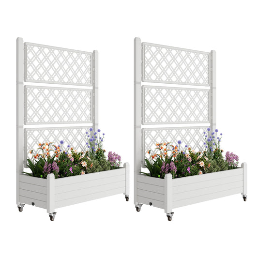 Fancyango Raised Garden Bed with Trellis and Wheels, Resin Planter Box with Trellis with Drainage Holes & Water Monitor, Privacy Planters for Patio for Climbing Plants, Ashen(2 Pack)