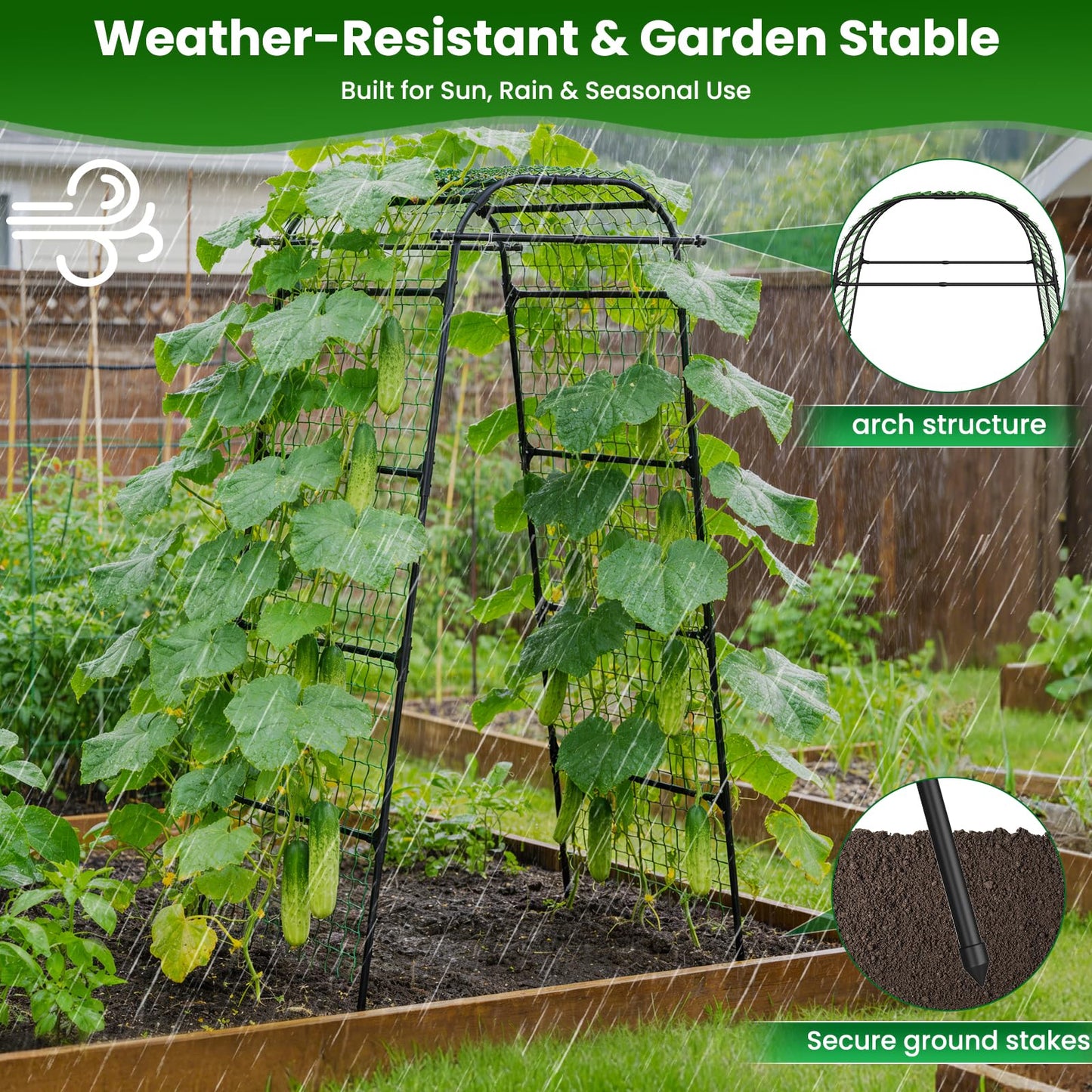 7.2FT Garden Arch Trellis for Climbing Plants, Heavy Duty 66" Wide Walk-Through Metal Arch with Netting, Wind-Resistant Vertical Garden Support for Cucumbers, Roses, Beans, Squash (33" Arch)
