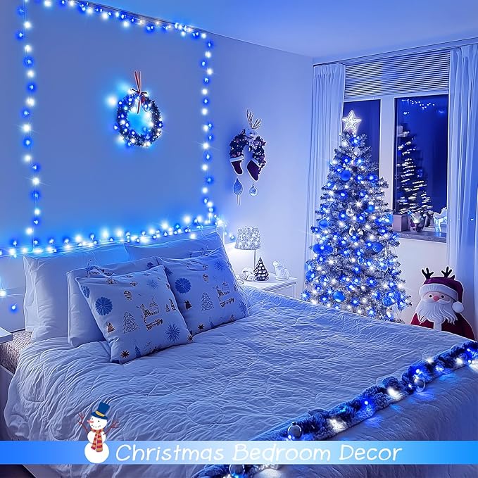 JMEXSUSS 2 Pack 100 LED Blue and White Christmas Lights, 33ft 8 Modes Christmas String Lights Indoor Outdoor, Clear Wire Plug in Twinkle Light for Xmas Bedroom Party Decorations