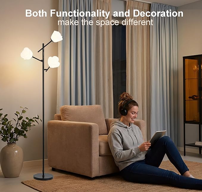 Fiqevs Mid Century Modern Floor Lamp with 3 Adjustable Flower Shade - Floral LED Standing Light with Foot Switch & Light Bulb, Sputnik Tree Lamp for Living Rooms Bedrooms - Black