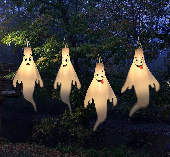 Halloween Ghost Decorations Outdoor: with Timer, 2 Pcs Cute Hanging Ghost for Tree Porch Garden Yard, Waterproof LED Ghost Halloween Decor