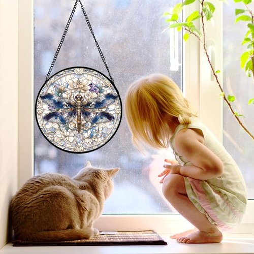 DASTOLL Stained Glass Suncatcher - Dragonfly Flower Design | 11.8x11.8 in Home Decor Gift for All Occasions