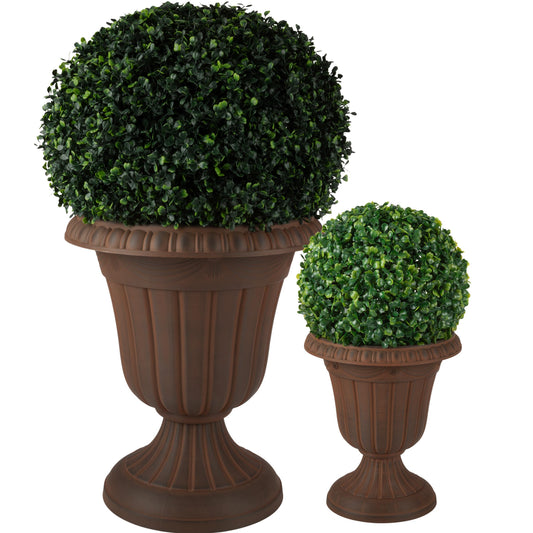 Pure Garden Outdoor Planter 2-Pack - Large and Small Urn Planters - Plastic Plant Pots for Indoor, Outdoor, or Front Porch Decor (Brown)