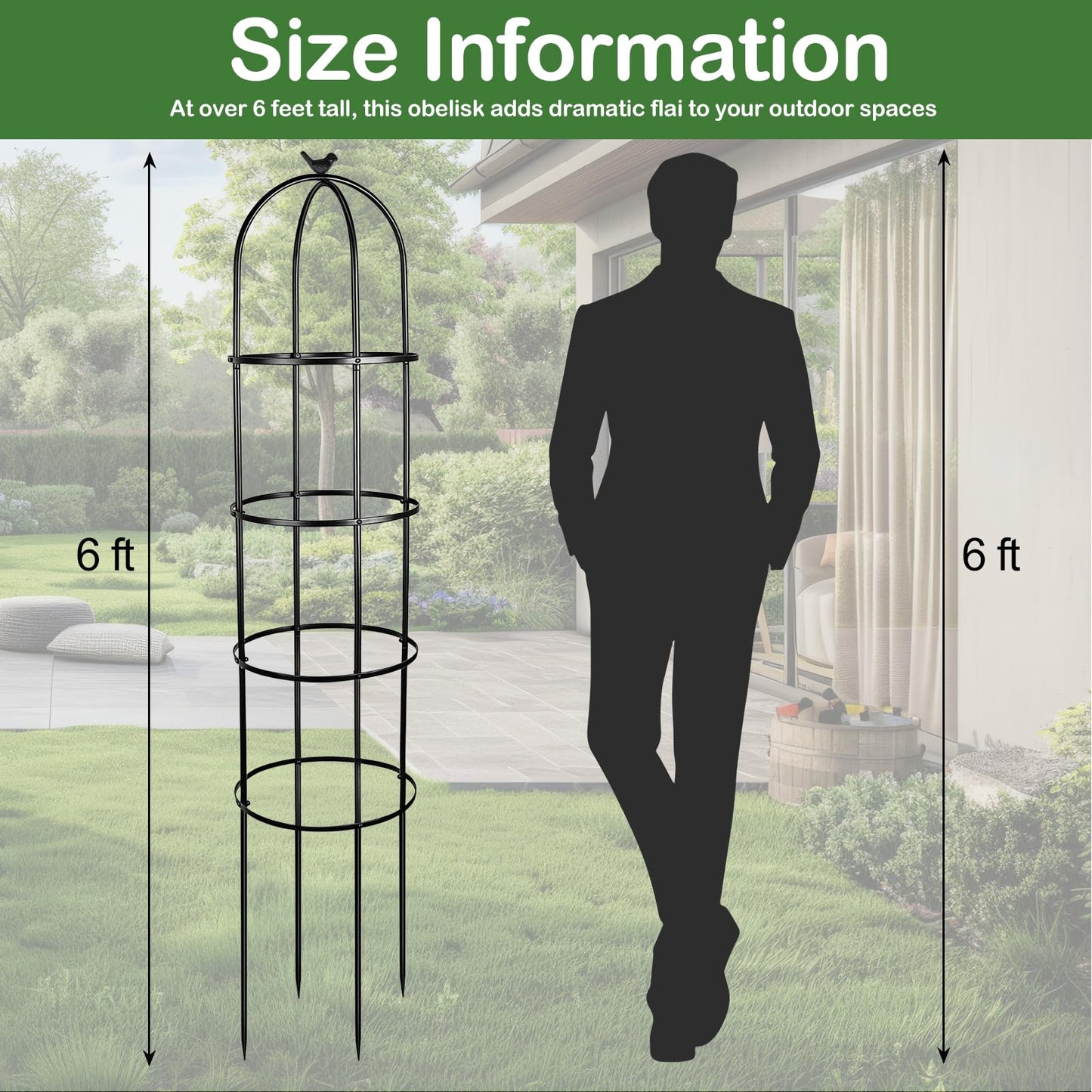 HEYTIMI 2 Pack 6 Ft Heavy Duty Metal Garden Obelisk Trellis for Climbing Plants, Rust‑Resistant Black Steel Vine Support for Rose Clematis Jasmine, Potted Flower Stand Indoor & Outdoor Decor (Bird)