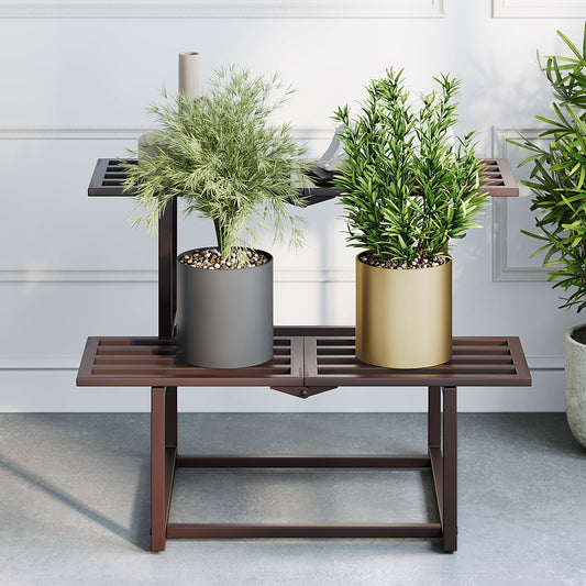 Rioneta Plant Stand Indoor Outdoor, Foldable Metal Plant Shelf for Multiple Pots, Mid Century Slatted Bench for Patio Garden, Heavy Duty Capacity 330 lbs 2 Tier Coffee