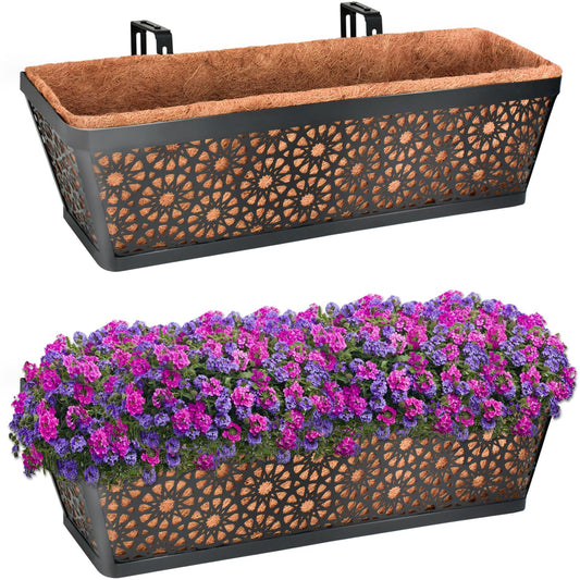 Halatool 24 Inch Window Boxes Planters, 2 Pack Sturdy Metal Deck Flower Railing Planter Box with Coco Liners for Indoor Outdoor Decor, Adjustable Rail Planter for Window Fence Porch Balcony Patio Lawn