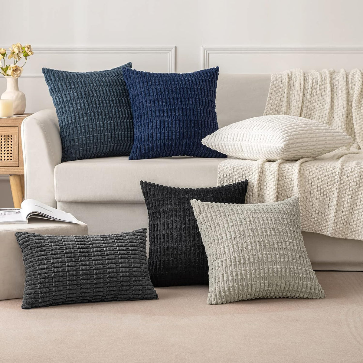 MIULEE Corduroy Throw Pillow Covers - Soft Boho Striped Design | 18x18 Inch Pure White for Modern Home Decor