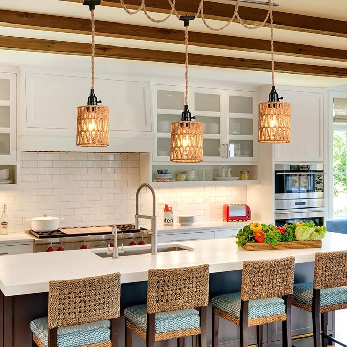 3-Light Hanging Light with Plug in Cord,Plug in Pendant Light 22ft Hemp Rope Pendant Lighting Vintage 3-Light Hanging Lamp Fixtures for Kitchen Island Living Room Bedroom