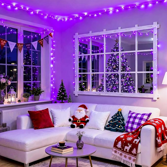 JMEXSUSS Connectable 100 LED Purple Christmas Lights Indoor, 8 Modes Plug in Purple String Lights Clear Wire, 33ft Christmas Tree Light Outdoor for Xmas Tree, Garden, Bedroom