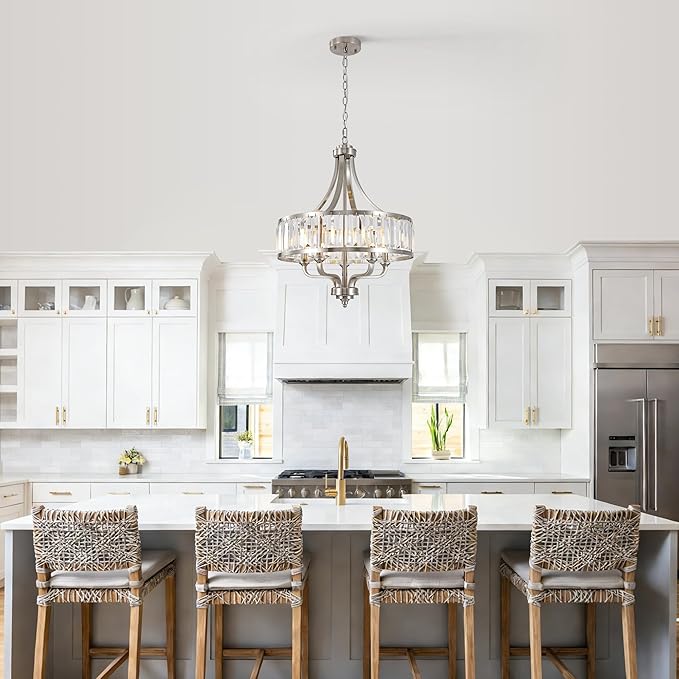 20" Brushed Nickel Crystal Chandelier,5-Light Modern Dining Room Light Fixture Over Table Adjustable Height Hanging Industrial Pendant Lights Kitchen Island,Living Room Kitchen Island Entryway