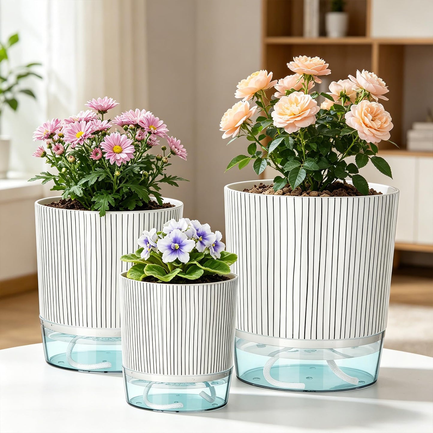 Samhe 3 Pack Self Watering Pots for Indoor Plants, 4+5.5+6.3 Inch Self Watering Plant Pots, Flower Pots with Wick Rope and Reservoir - Black Stripes