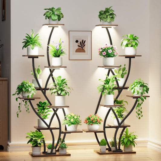 Plant Stand Indoor with Grow Lights - Lighted Plant Shelf Indoor Tall, 61" 9 Tier Large Plant Stands for Indoor Growing, 2 Pack Corner Flower Shelf, Winged Metal Holder for Home Living Room, Black