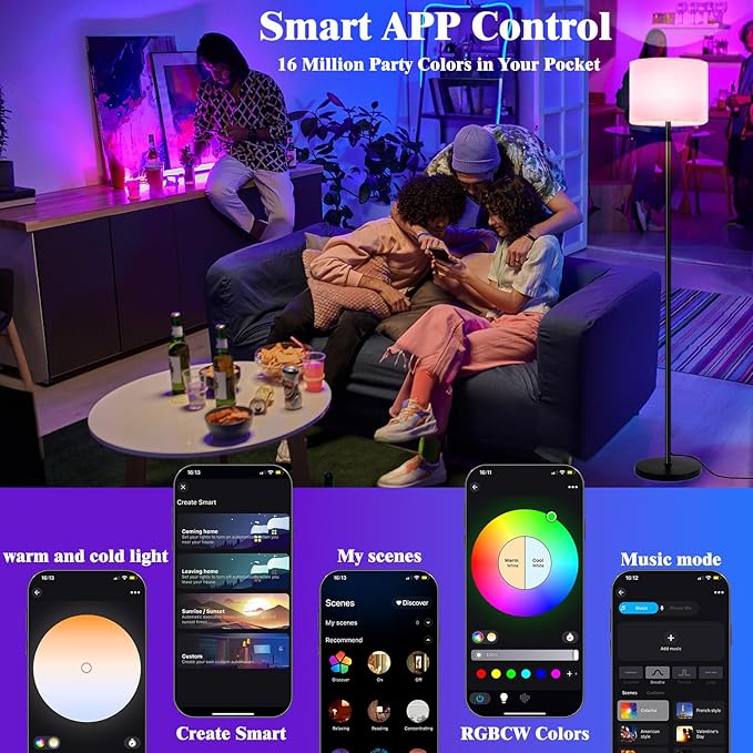 Smart Floor Lamp with APP & Remote Control - Dimmable RGB & White Light (3000K-6500K) for Living Room, Bedroom, Office - Modern Standing Lamp with 9W LED Bulb Included